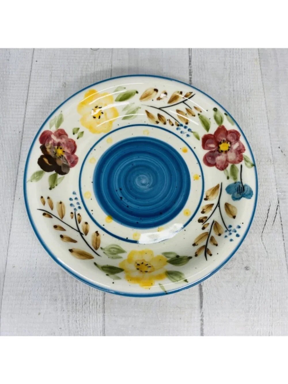 Royal Norfolk FLORAL BLUE CENTER SPECKLED Stoneware Round Salad Plates Set 3